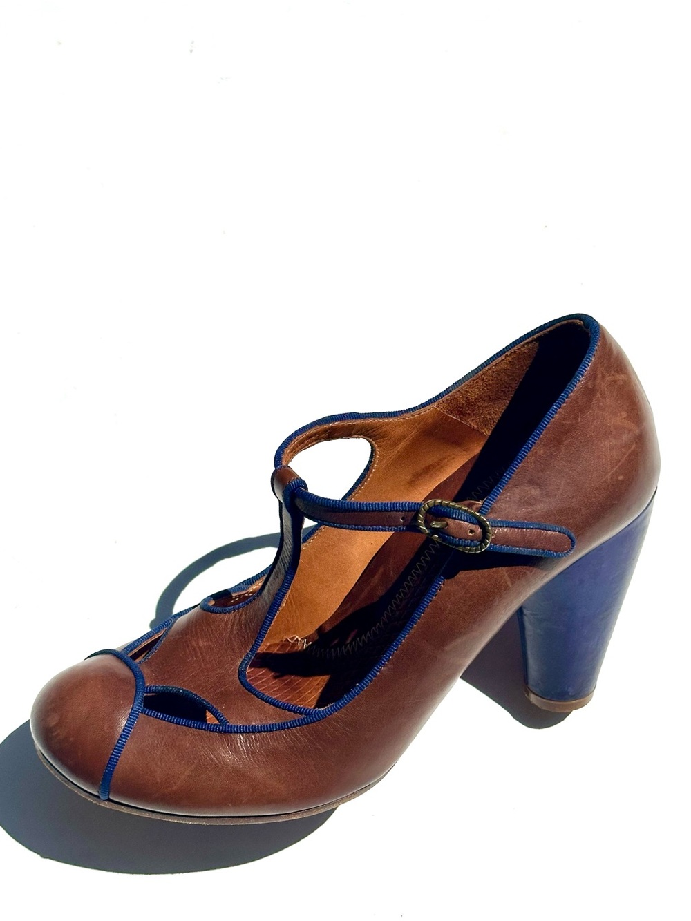 Chie Mihara Brown Leather T-Strap High Heels with Blue Purple Trim & Heel, 38.5